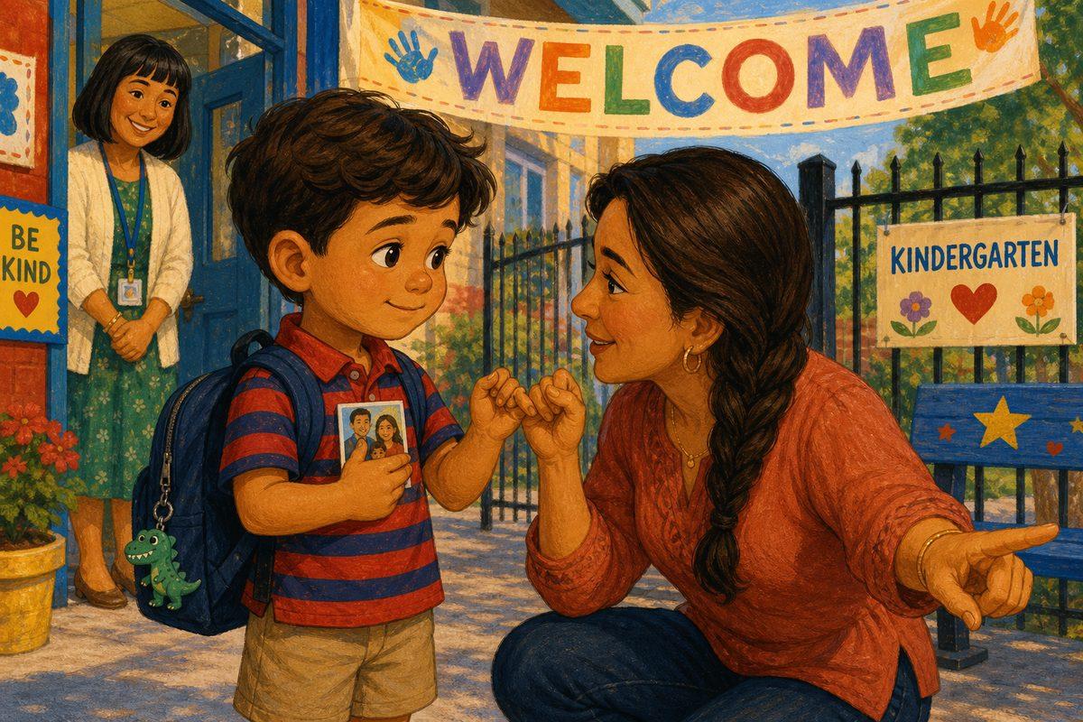 Mateo and his mom do their special pinky handshake while he holds his family photo card, the teacher waiting warmly — the goodbye ritual