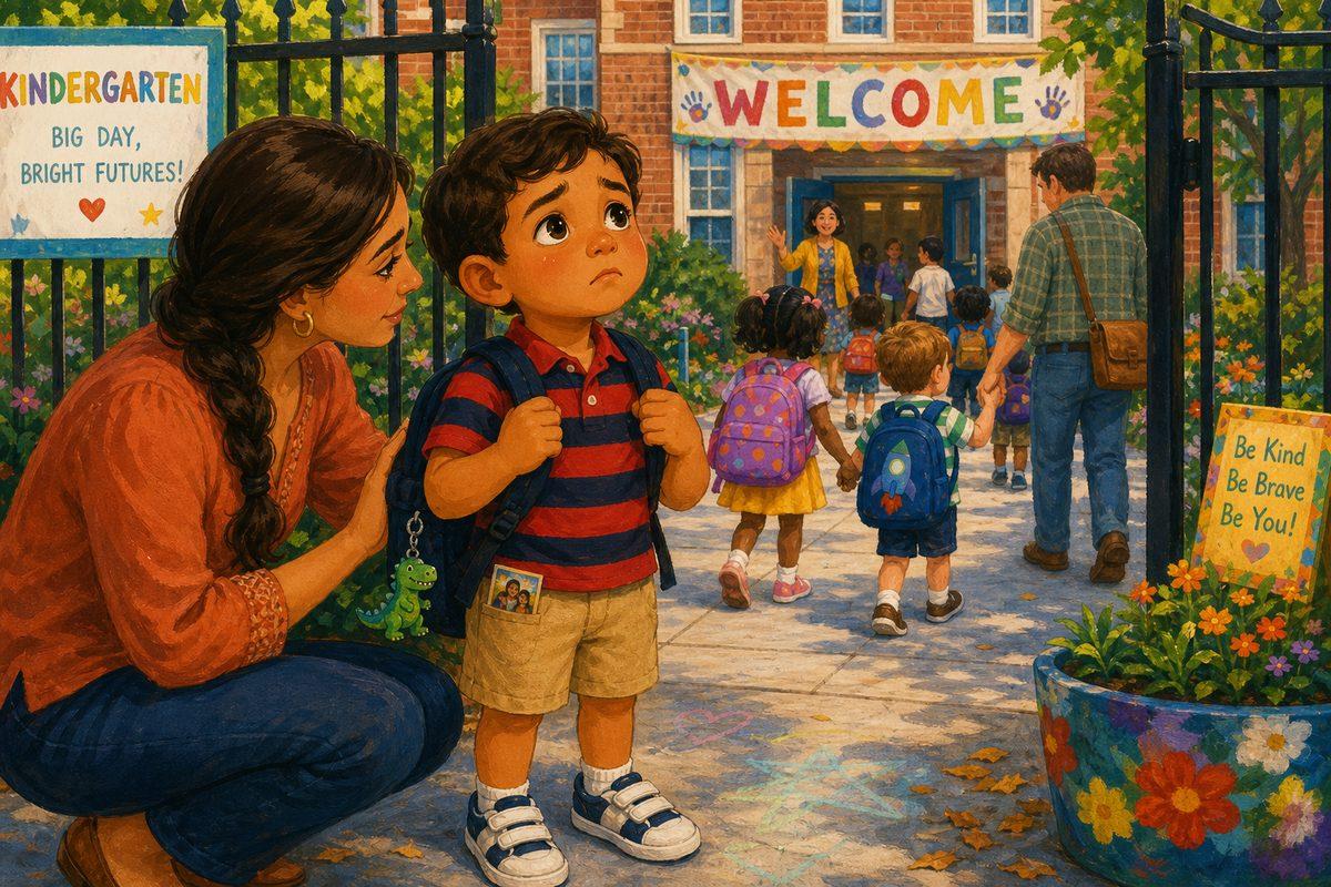 Mateo, a 5-year-old, grips his backpack straps at the kindergarten gate with wobbly eyes while his mom crouches beside him — the hard goodbye