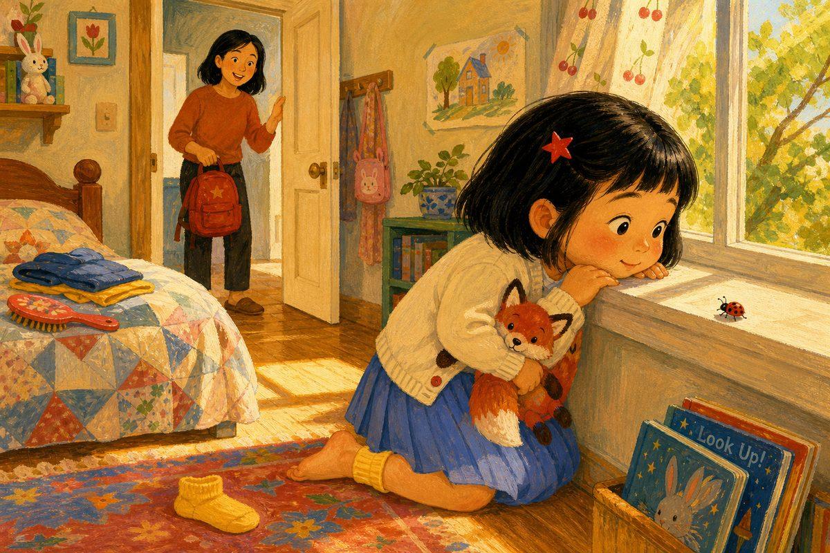 Mei, a 5-year-old with one sock still on the rug, watches a ladybug on the windowsill while her mother waits in the doorway with her backpack — a child in her own little world