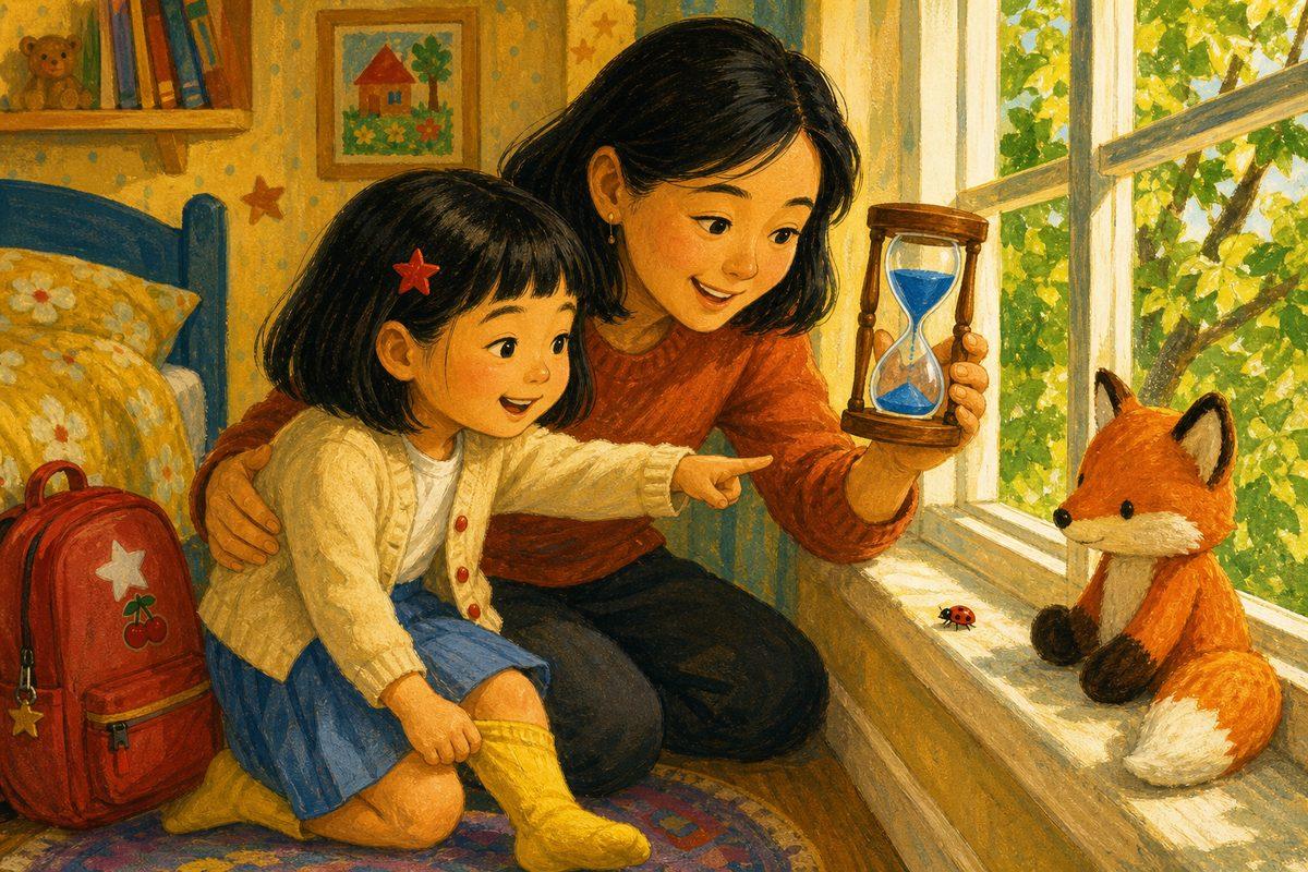 Mei’s mother kneels beside her to look at the ladybug too, then holds up a blue sand timer while Mei grins and pulls on her sock — joining her world first, then making time visible