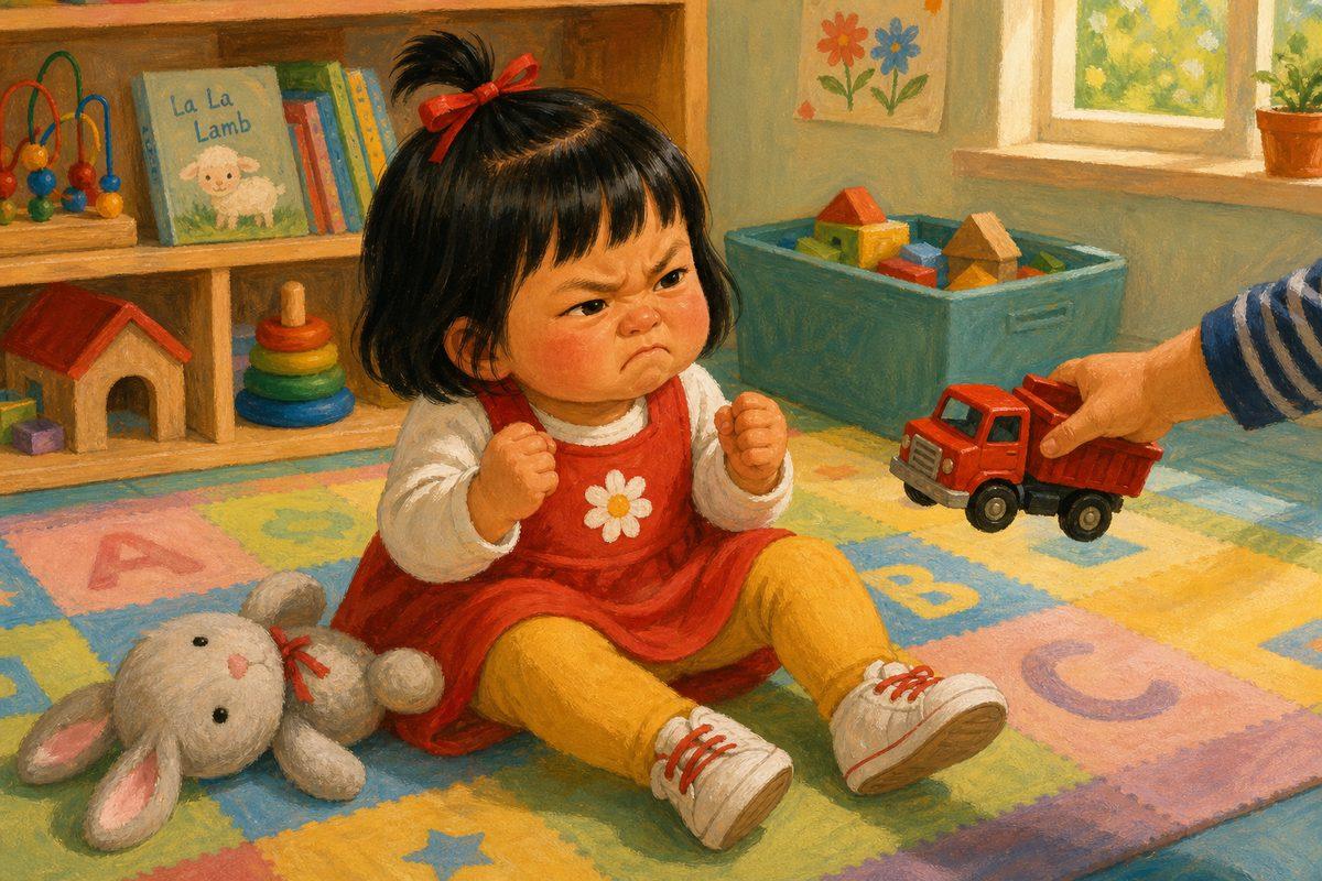 Mina, a 2-year-old, feels the big mad when a friend takes her toy truck at daycare — the feeling before a bite