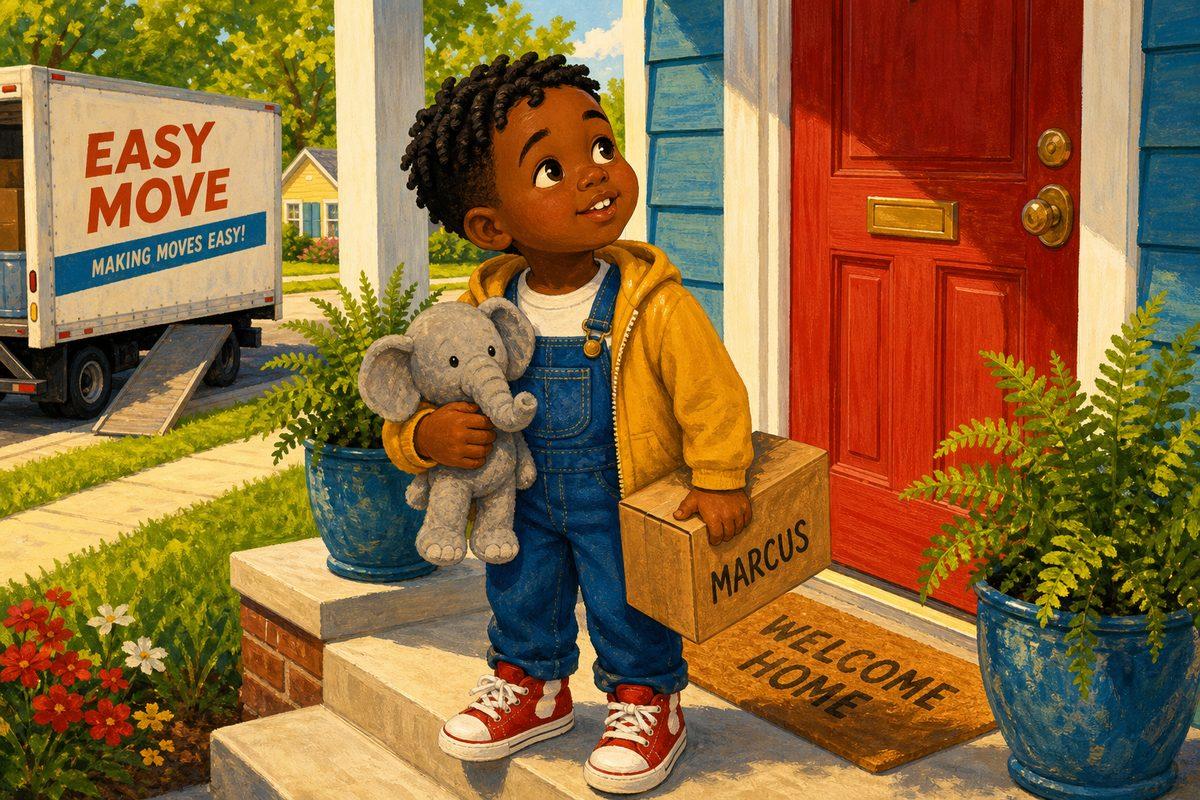 Marcus carries his elephant and a box labeled MARCUS up to the red front door of his new house