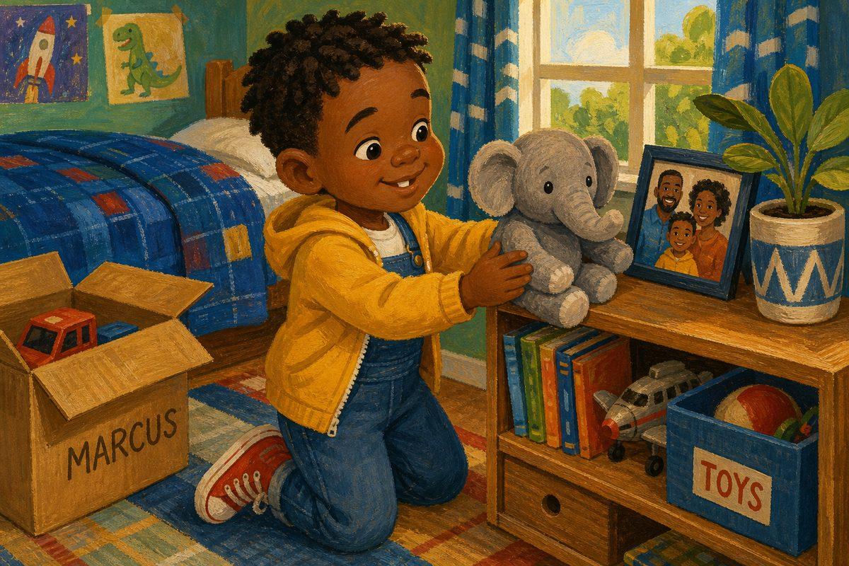 Marcus sets his stuffed elephant on a shelf beside a family photo, making his new bedroom his own