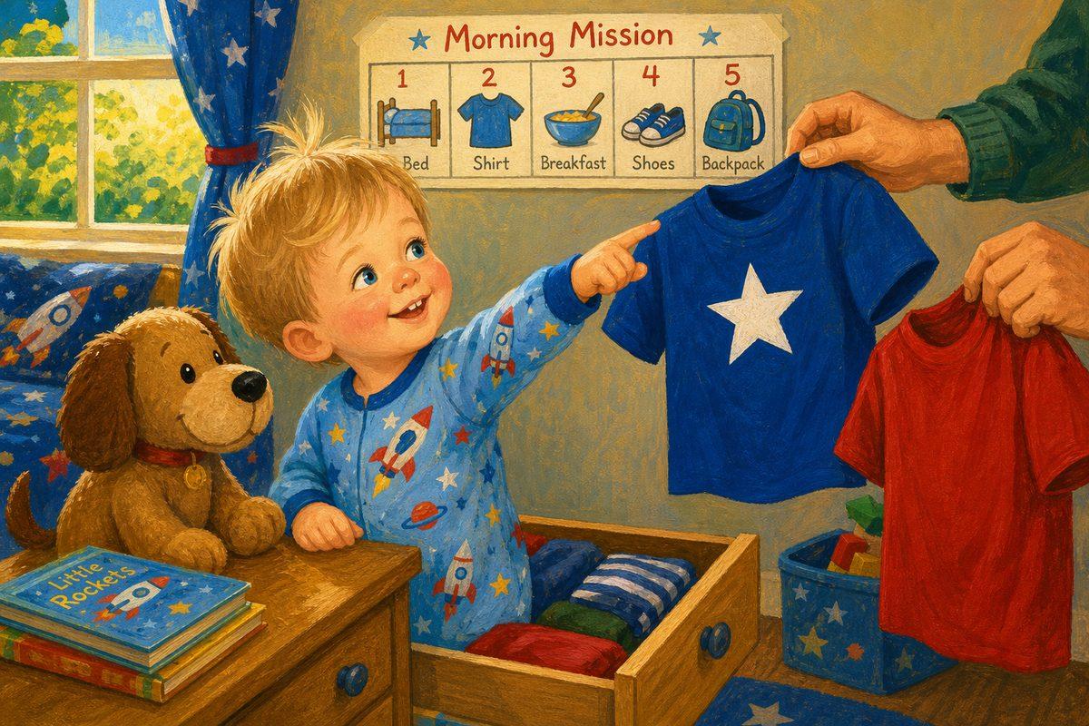Noah, 3, points to the blue shirt over the red one as a parent offers two choices beside a picture morning-mission chart, getting himself dressed for daycare.