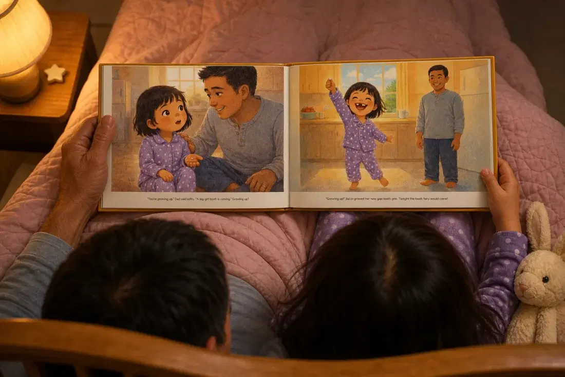 A parent and child reading a personalized storybook spread open between them