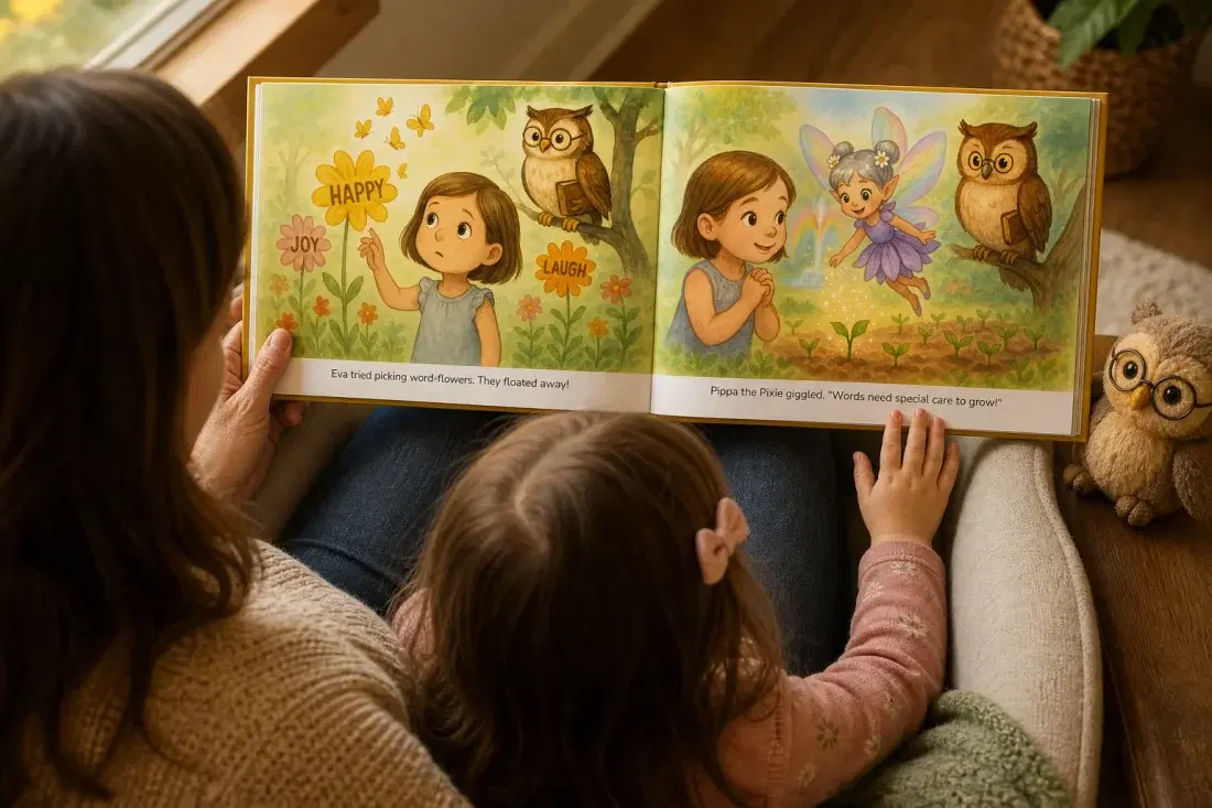 A parent and their child leaning in over a personalized storybook together, reading at the same page — connection before direction