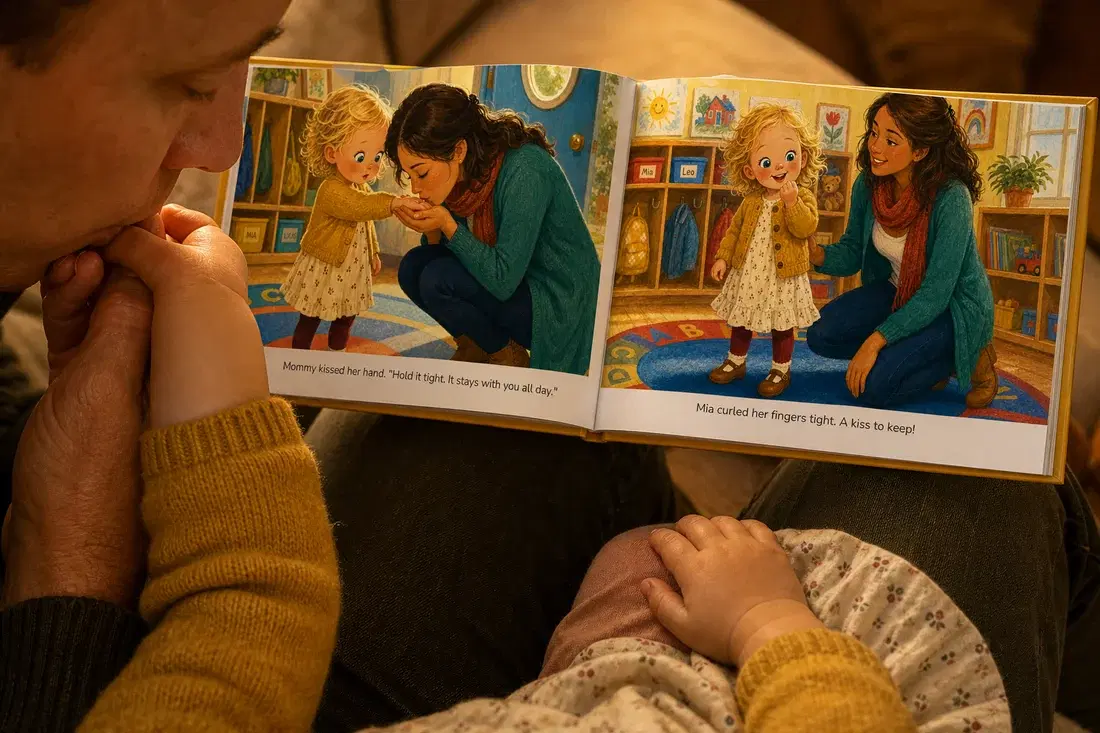 A parent presses a goodbye kiss into their child’s palm beside their personalized first-day storybook