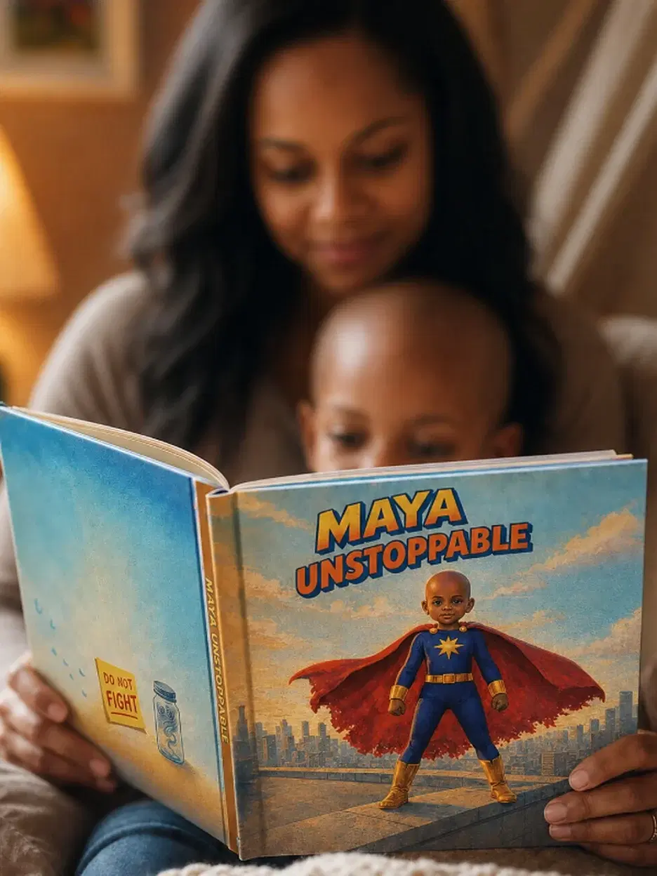 A parent holding their toddler close, reading a personalized storybook together