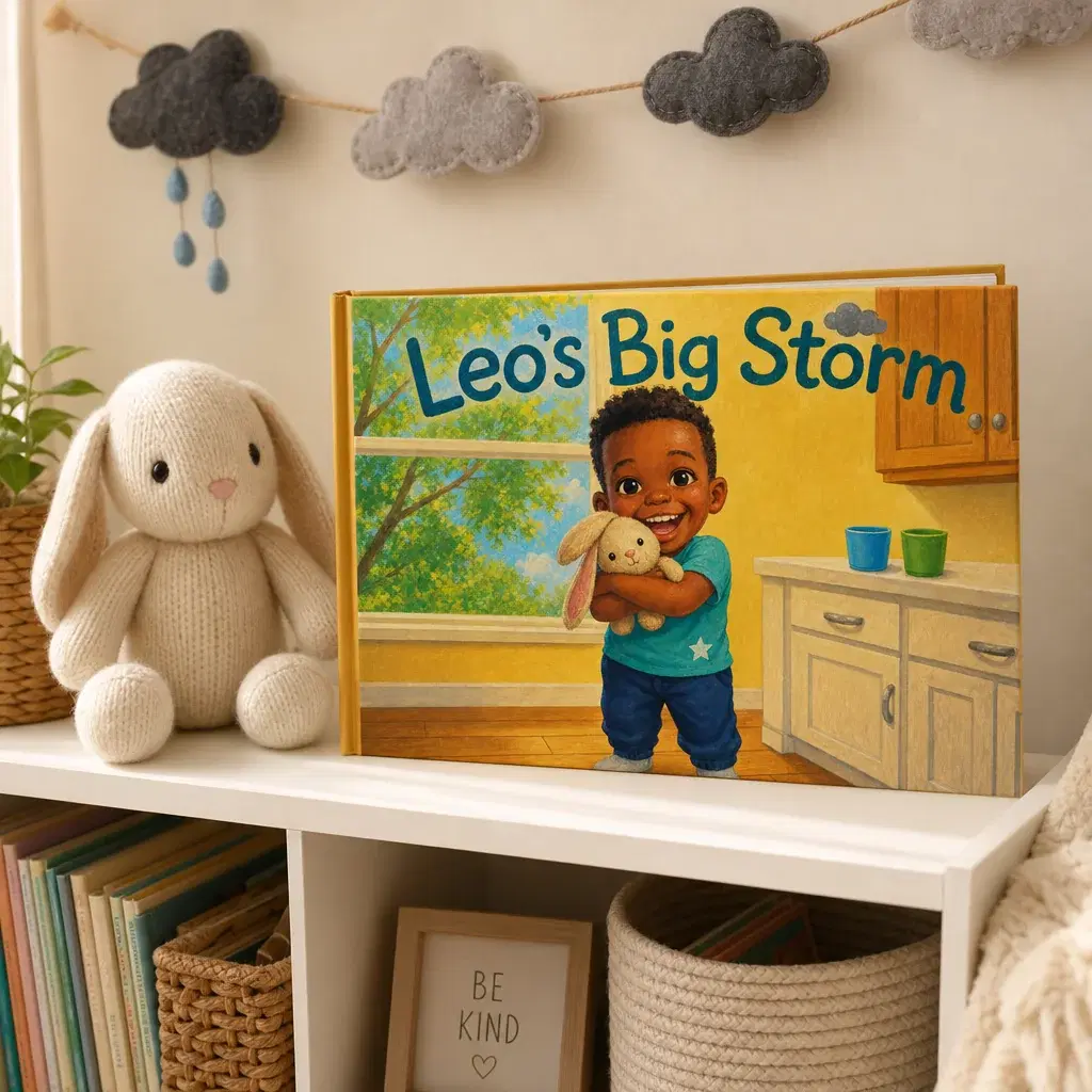 A personalized “big feelings” storybook standing on a low shelf in a calm corner beside a plush bunny