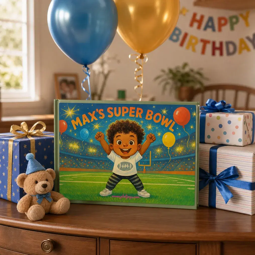 A personalized PlotJoys hardcover propped among balloons and wrapped birthday presents, the birthday child illustrated on the cover