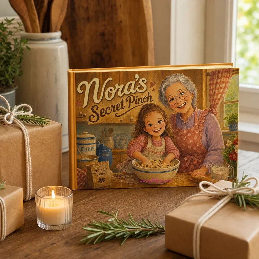 A personalized PlotJoys storybook on a table beside wrapped gifts and a lit candle, ready to give