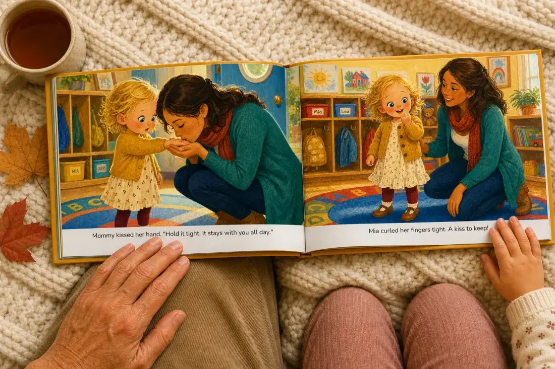 A personalized goodbye-ritual storybook lying open across a lap, a hand resting on the page