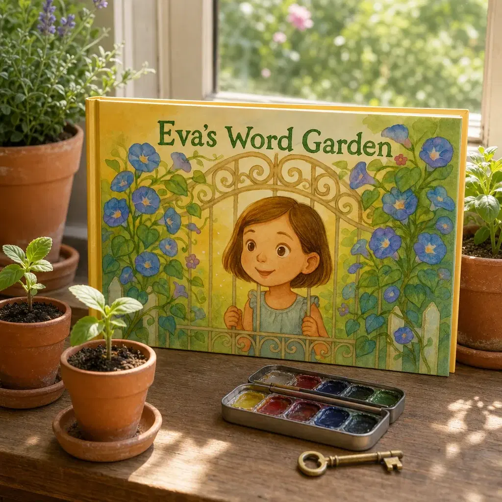 A personalized storybook standing on a wooden table beside potted plants and a paint set