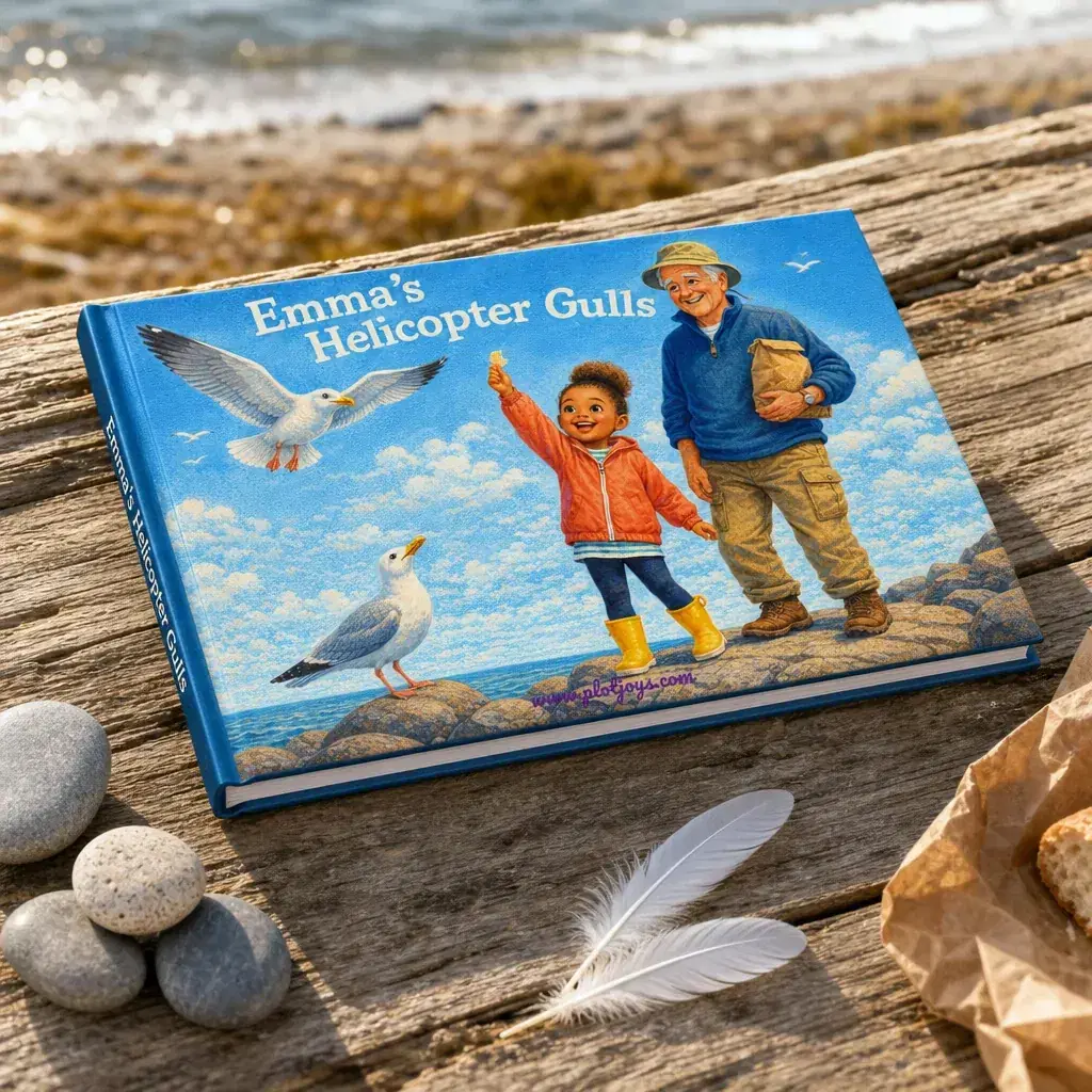 A personalized PlotJoys hardcover resting on driftwood at the shore, the child illustrated as the hero on the cover