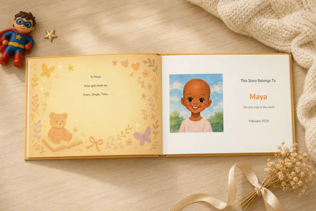 The dedication page of a personalized storybook, printed with the child’s name and a family message