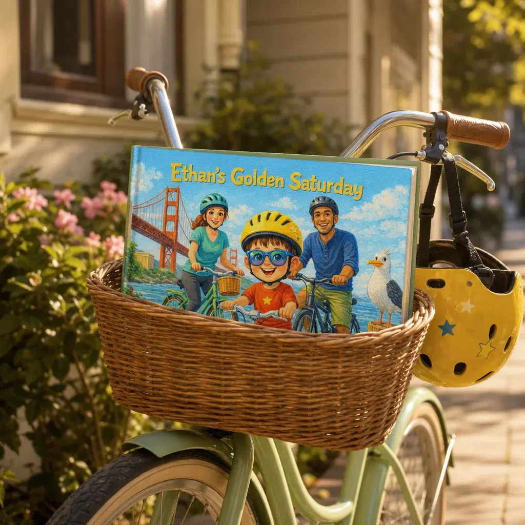 A personalized PlotJoys hardcover tucked into the wicker basket of a bicycle on a sunny morning