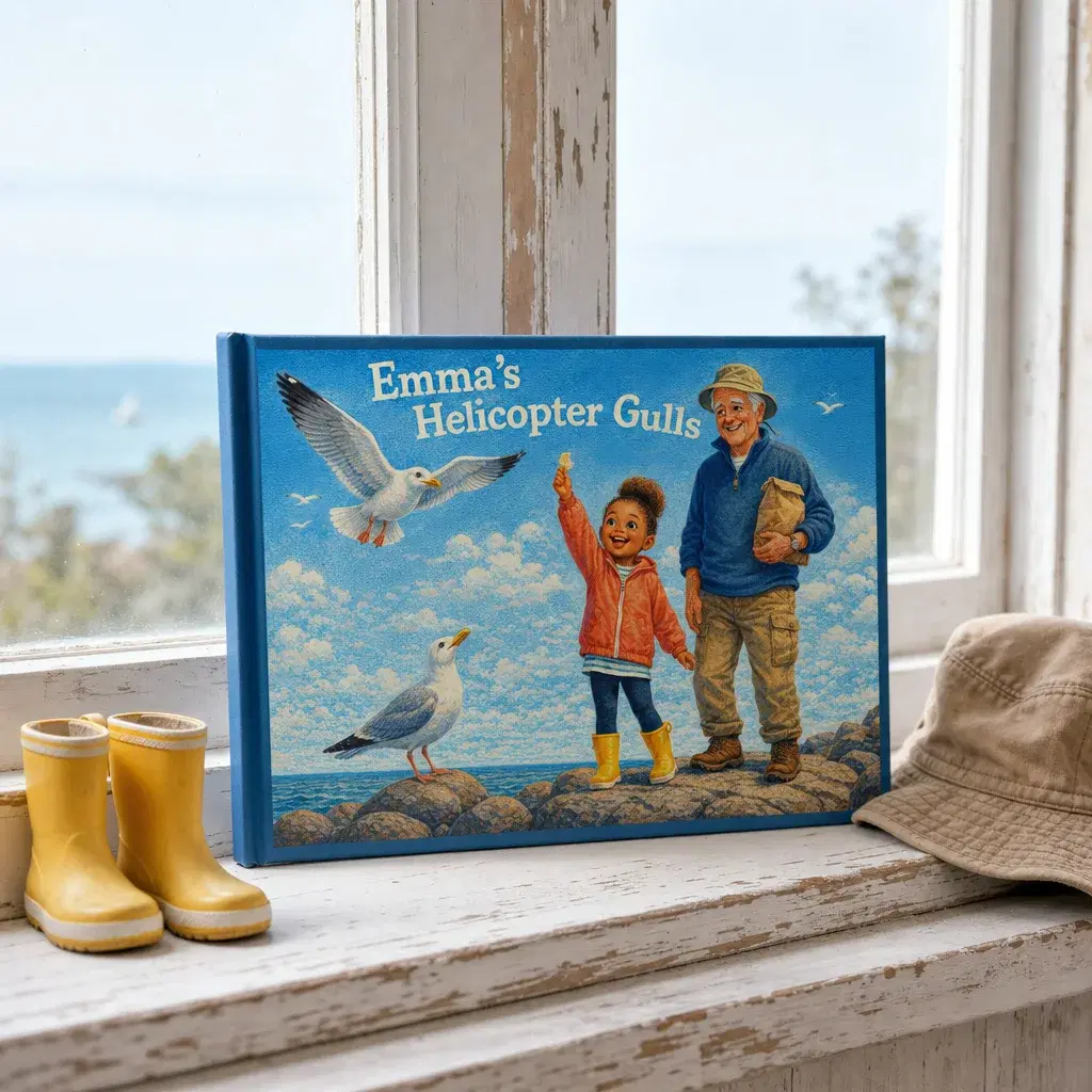 A personalized storybook standing on a bright windowsill beside a pair of small yellow rain boots