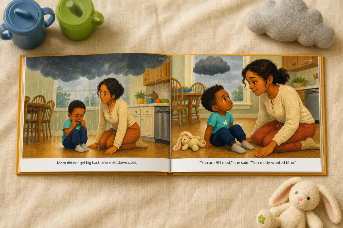 A personalized storybook lying open to a spread about a big mad feeling