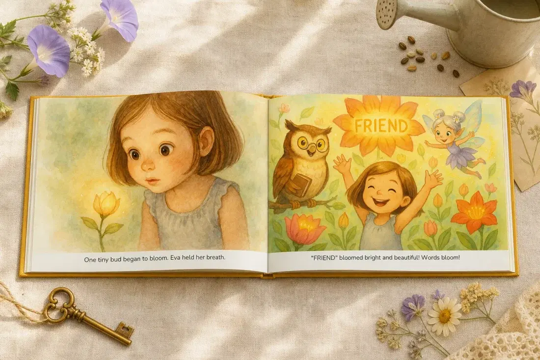 A personalized storybook lying open to a two-page spread on a soft blanket