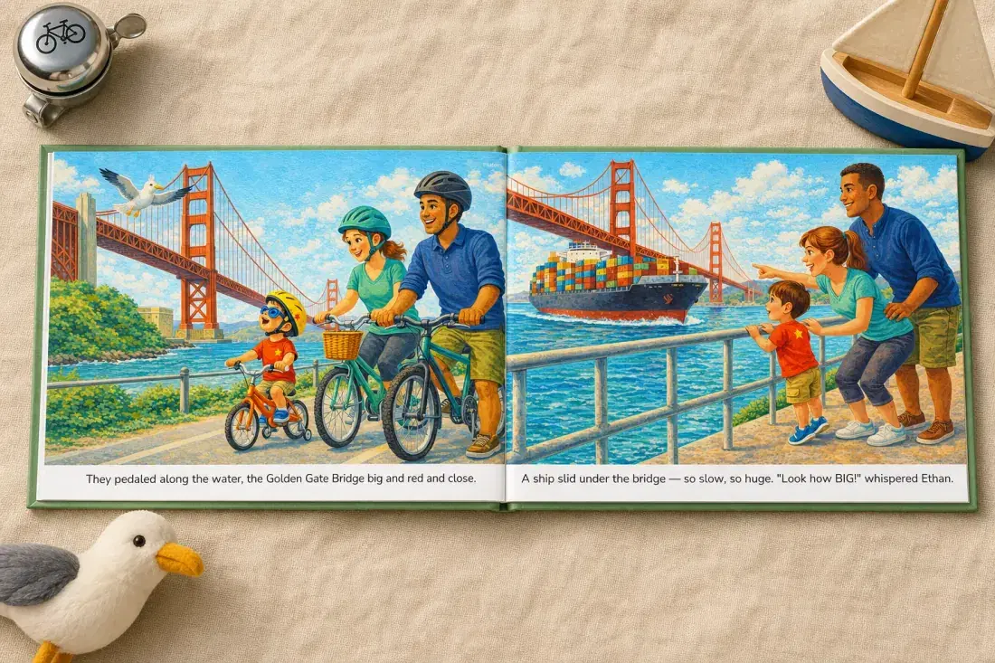 A personalized storybook lying open to a spread about how big the child has grown