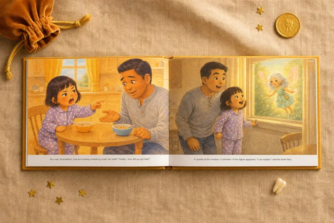 A personalized storybook lying open to a two-page spread, hands resting at the edges