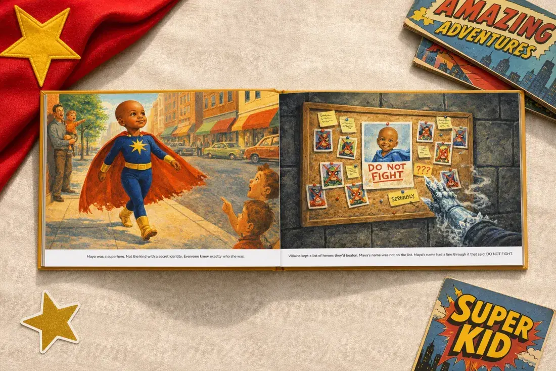 A personalized storybook lying open to a spread about not fighting, on a soft blanket