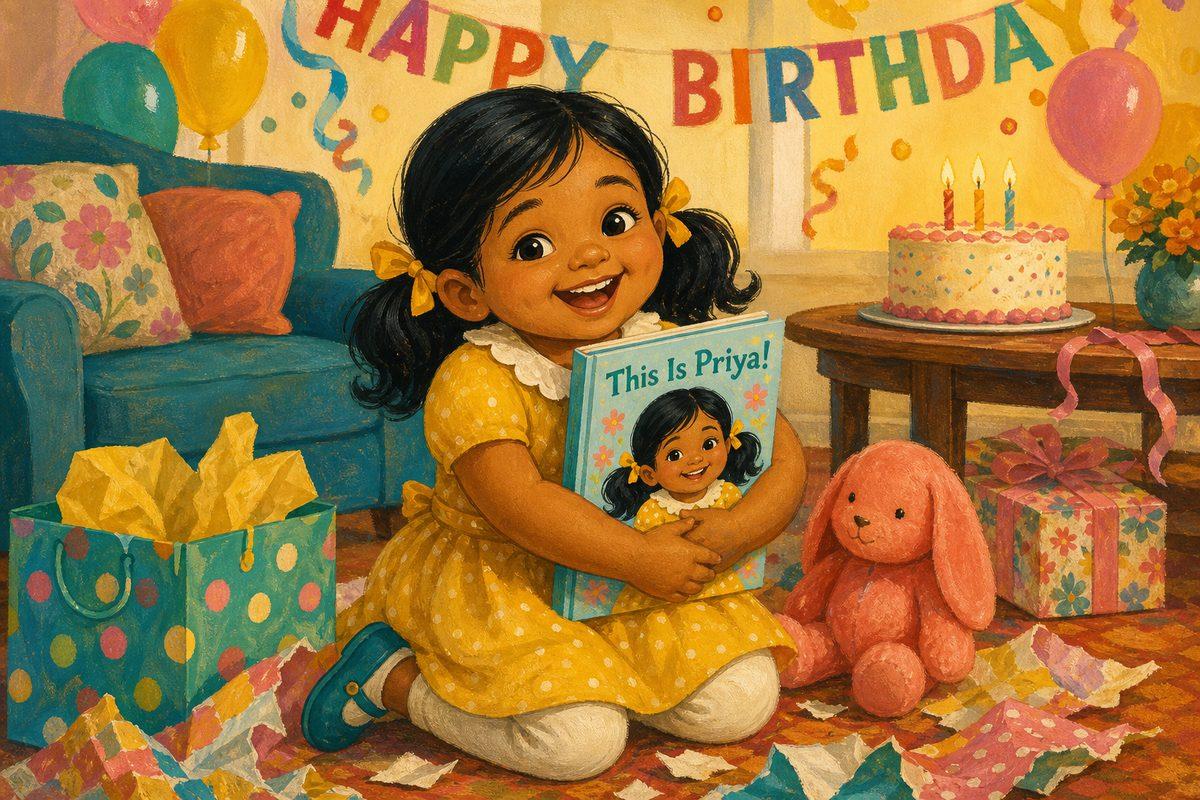 Priya, a 3-year-old South Asian girl in a marigold polka-dot party dress, points at her own face on the cover of a personalized birthday book at her party.