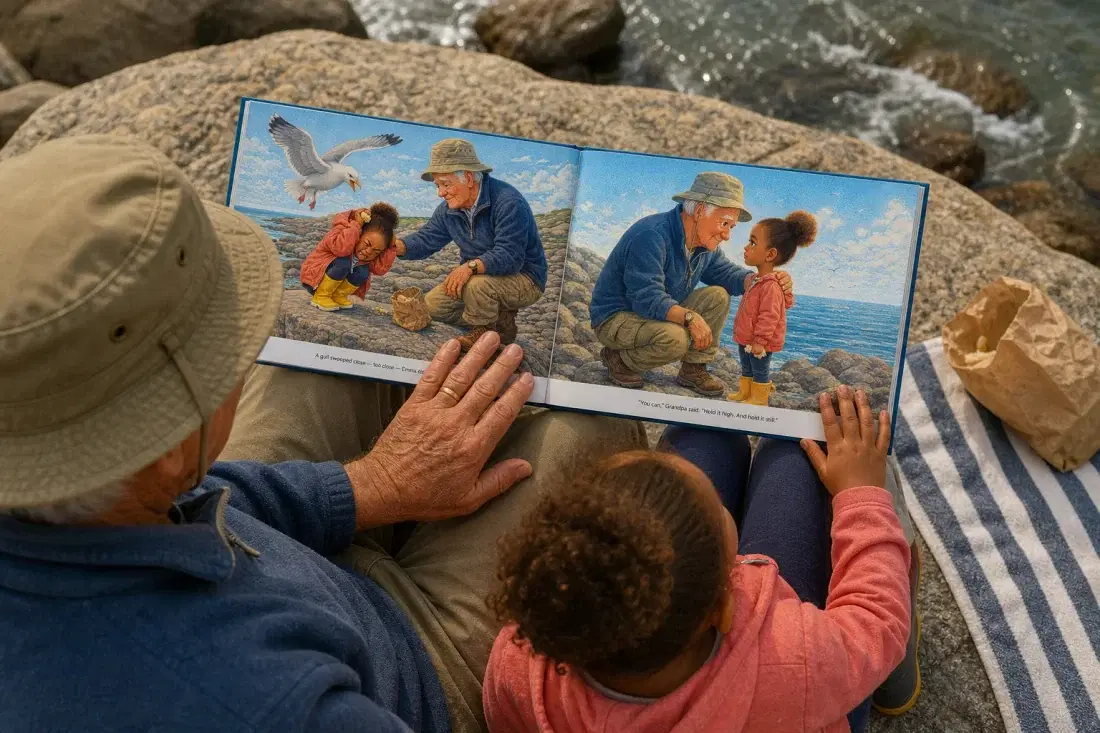 An adult and child sitting close with a personalized storybook open across their laps