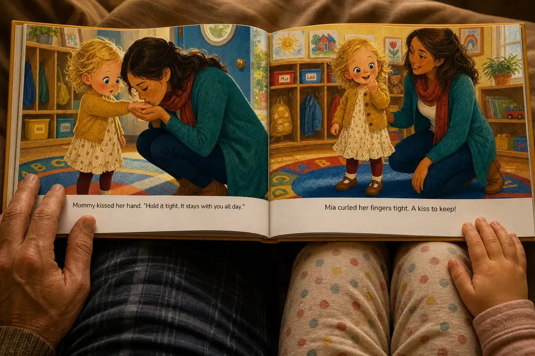 An adult and child reading a personalized first-day-of-preschool storybook open between them