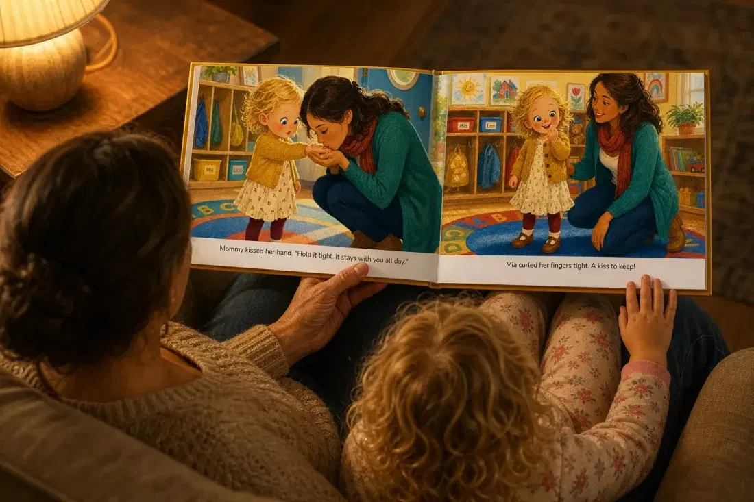 An adult and child reading a personalized goodbye-ritual storybook open between them