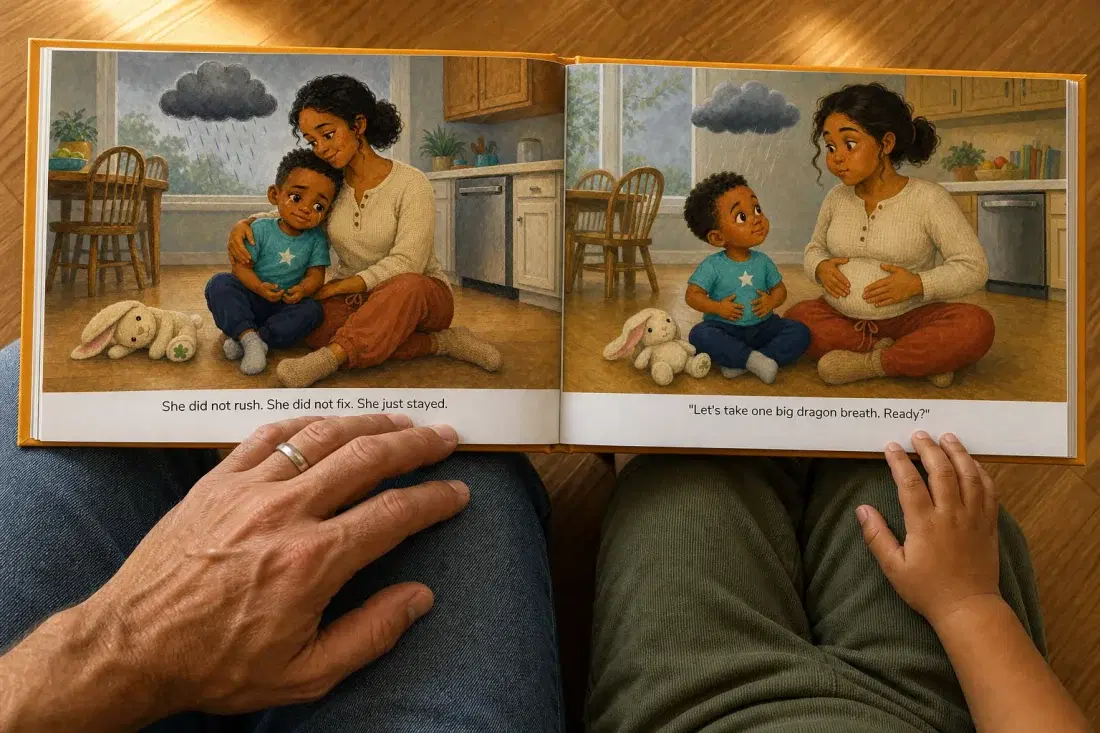 An adult and a child reading a personalized storybook spread open on the floor between them