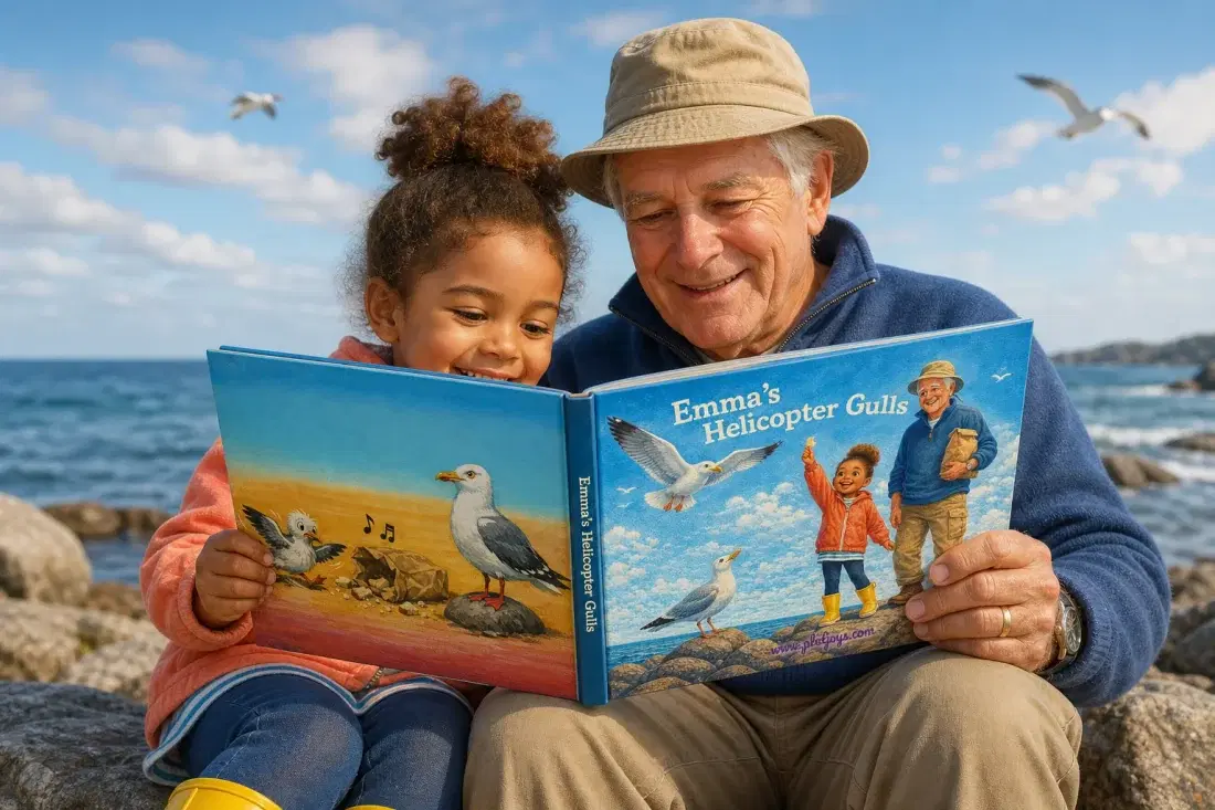 An adult and child sitting together reading a personalized storybook in a wide open outdoor place