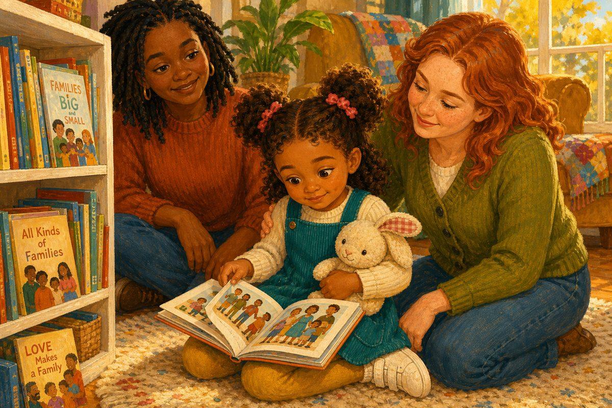 Remi, a four-year-old girl with two moms, kneels at a bookshelf turning the pages of a picture book, quietly searching for a family like hers.