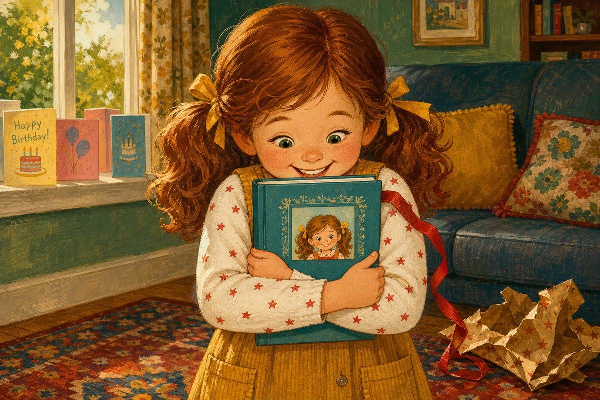 A little girl hugs her closed personalized storybook to her chest, beaming — the cover shows a small illustrated girl who looks just like her