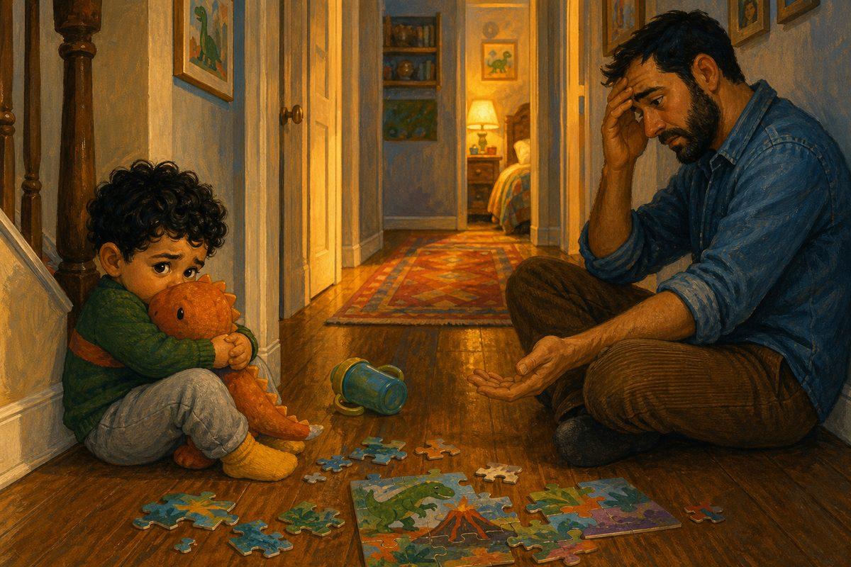 A father sits in the hallway full of regret while his toddler hugs a plush dinosaur a few steps away — the quiet moment after yelling at your toddler