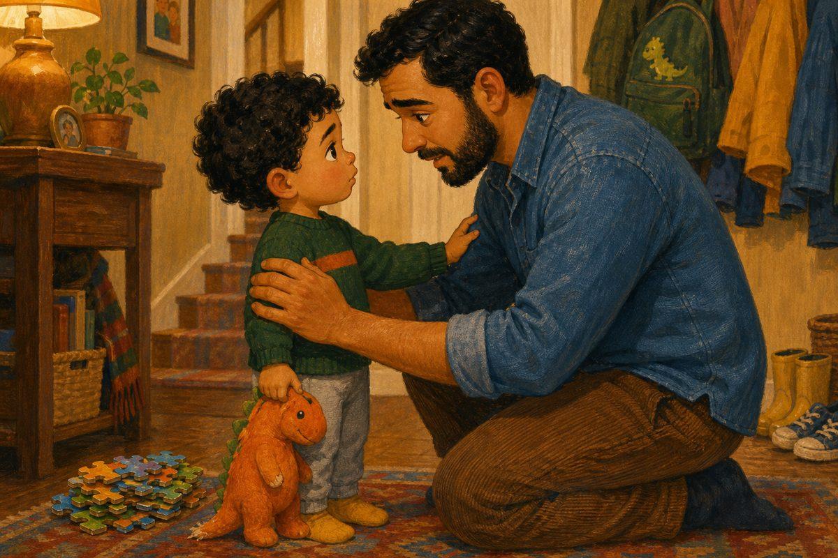 Theo’s dad kneels to his eye level and says sorry for the big voice, while Theo rests a small hand on his chest — the repair