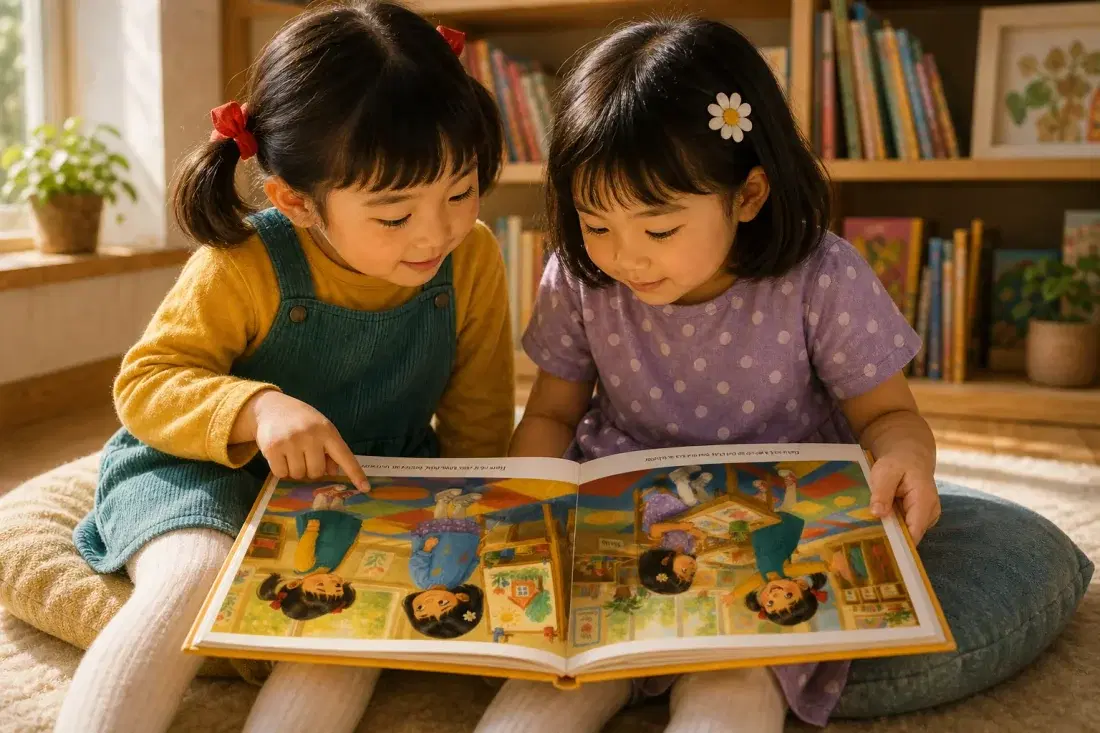 Two young friends sitting close on the floor, reading JiaLin’s personalized storybook open across their laps