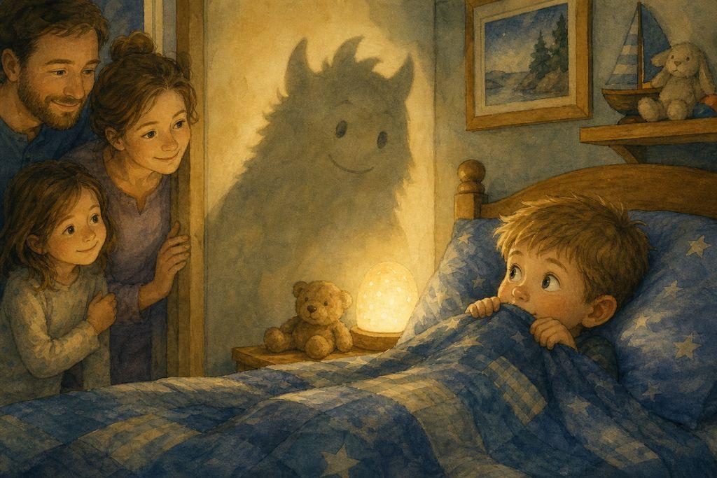 A wide-eyed little boy stares at a shadow on the bedroom wall, imagining a creature, blanket pulled up