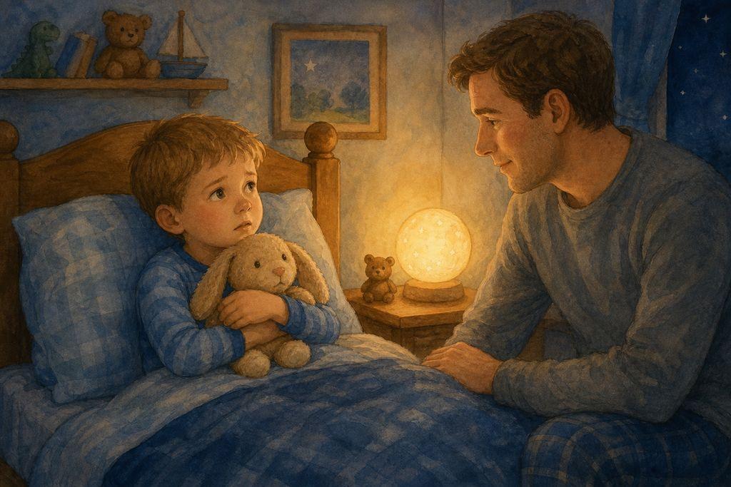 A scared boy sits up in bed clutching a stuffed animal while a calm parent sits beside him near a glowing nightlight