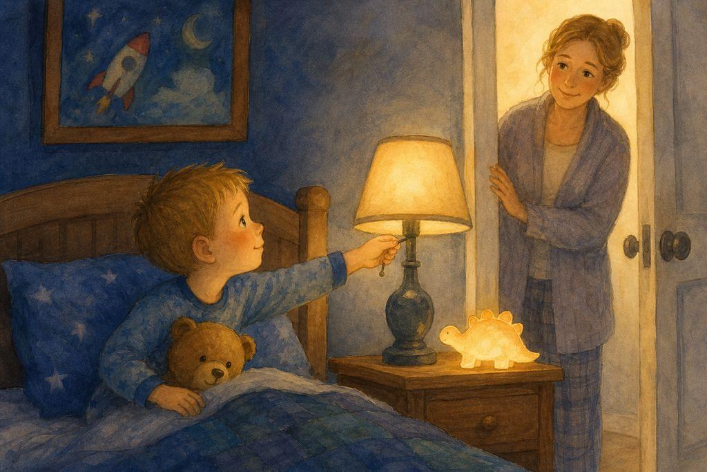 A braver boy reaches up to switch off his own bedroom lamp at bedtime while a parent smiles encouragingly