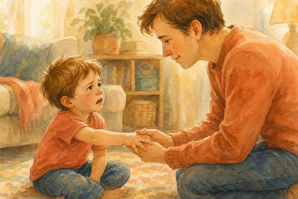 A frustrated little boy reaches out a hand while a calm parent gently holds it and names the feeling