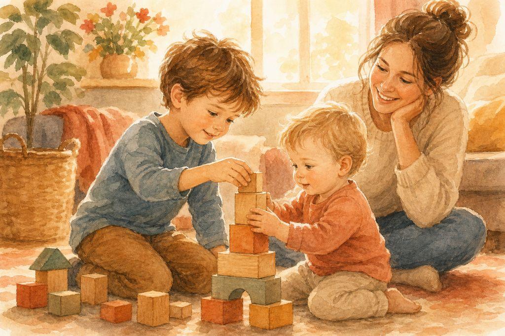 A calm little boy uses gentle hands to help a friend, a parent smiling nearby