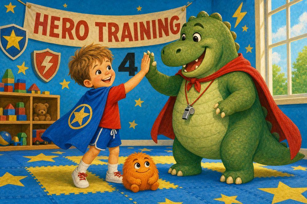 The boy gives his dinosaur coach a gentle high-five — strong hands doing a gentle job