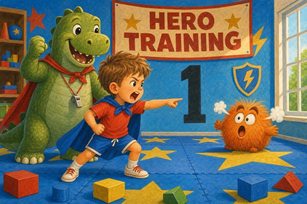 A little boy in a superhero cape shouts “I’m so mad!” — naming the big feeling, the first move toward gentle hands