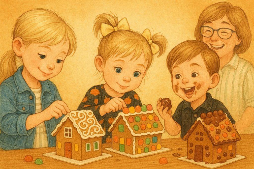 Everly pipes icing swirls, Lilyana places each gumdrop perfectly — and Nelson, chocolate-cheeked, eats some