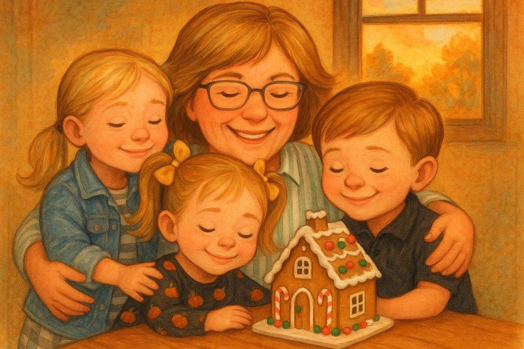 A grandmother hugs her three grandchildren close around the finished gingerbread house — “the sweetest tradition ever”