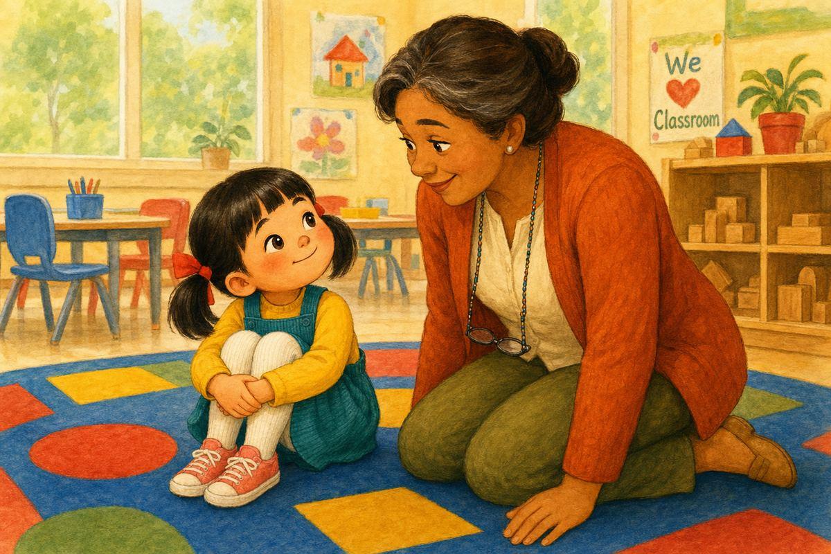 JiaLin’s teacher kneels down close beside her on the classroom rug, gently naming the feeling