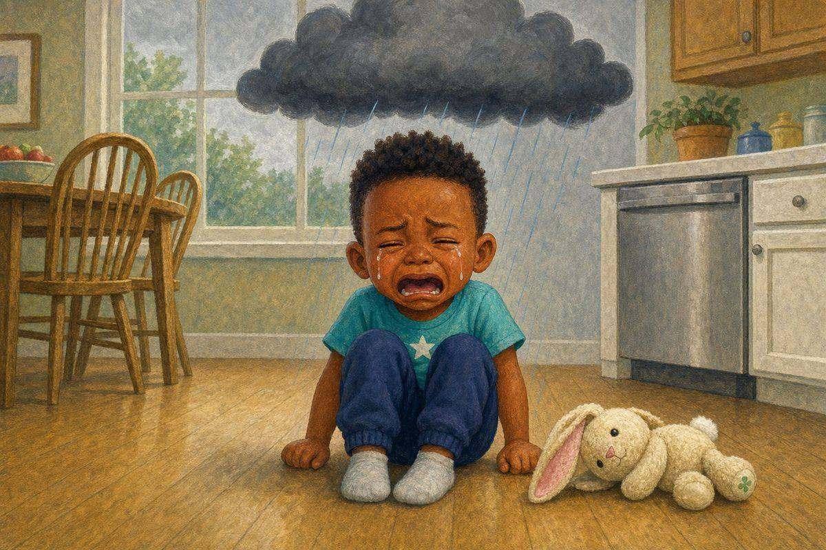 Leo sits on the floor mid-meltdown with a rain cloud over his head — a page from the personalized story “Leo’s Big Storm”