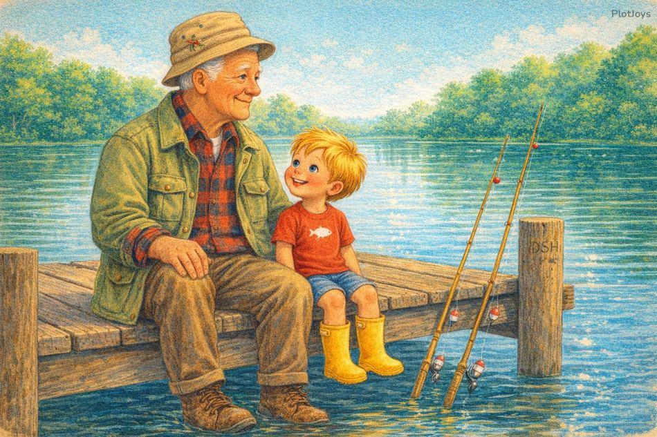 Liam and Grandpa sit on the dock smiling at each other on a bright morning, fishing rods ready