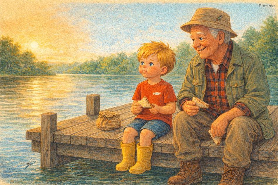 Grandpa shares a snack with Liam on the sunlit dock, a little frog hopping nearby